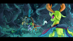Size: 1280x720 | Tagged: safe, artist:breloomsgarden, discord, queen chrysalis, starlight glimmer, thorax, oc, oc:ilovekimpossiblealot, changedling, changeling, changeling queen, draconequus, pegasus, pony, unicorn, g4, to where and back again, changeling hive, changeling king, king thorax