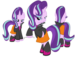 Size: 816x599 | Tagged: safe, artist:ajrinxooacj, starlight glimmer, pony, g4, bipedal, bipedal leaning, boots, clothes, everyone steals sunset's clothes, female, jacket, leaning, leather jacket, lidded eyes, looking at you, raised hoof, simple background, skirt, smiling, solo, white background