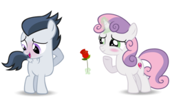 Size: 2324x1500 | Tagged: safe, artist:lunaticdawn, rumble, sweetie belle, pegasus, pony, unicorn, g4, blushing, colt, cutie mark, female, filly, flower, foal, magic, male, ship:rumbelle, shipping, simple background, straight, the cmc's cutie marks, transparent background, vector