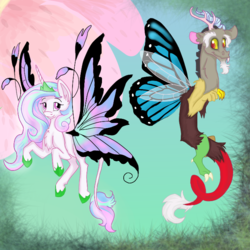 Size: 679x679 | Tagged: safe, artist:pigzfairy, discord, princess celestia, alicorn, draconequus, fairy, pony, g4, butterfly wings, chest fluff, duo, fairy wings, flower, leonine tail, smiling