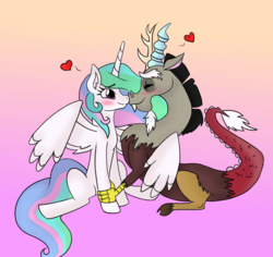 Size: 640x605 | Tagged: safe, artist:pigzfairy, artist:theauroralife, discord, princess celestia, alicorn, draconequus, pony, g4, blushing, boop, gradient background, heart, looking at each other, male, noseboop, ship:dislestia, shipping, smiling, straight