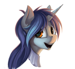 Size: 1953x1809 | Tagged: safe, artist:rublegun, oc, oc only, oc:homage, pony, unicorn, fallout equestria, bust, fanfic, fanfic art, female, horn, looking at you, mare, open mouth, portrait, simple background, smiling, solo, teeth, transparent background