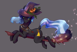 Size: 1444x981 | Tagged: safe, artist:naminzo, oc, oc only, pony, unicorn, broom, flying, flying broomstick, gem, hat, jewelry, looking back, necklace, simple background, solo, sparkles, witch, witch hat