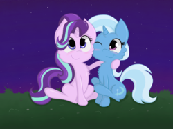 Size: 1879x1405 | Tagged: safe, artist:springveil, starlight glimmer, trixie, pony, unicorn, g4, blushing, chest fluff, cute, diatrixes, duo, female, glimmerbetes, looking at you, mare, night, one eye closed, sitting, smiling, stars
