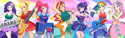 Size: 3000x924 | Tagged: safe, artist:jonfawkes, applejack, fluttershy, pinkie pie, rainbow dash, rarity, sci-twi, sunset shimmer, twilight sparkle, equestria girls, g4, legend of everfree, bass guitar, clothes, crystal gala, crystal gala dress, dress, drum kit, drums, drumsticks, electric guitar, flying v, glasses, group, guitar, human coloration, keytar, legend you were meant to be, microphone, musical instrument, open mouth, pants, tambourine, the rainbooms, wink