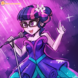 Size: 750x750 | Tagged: safe, artist:lumineko, sci-twi, twilight sparkle, human, equestria girls, g4, my little pony equestria girls: legend of everfree, clothes, crystal gala, crystal gala dress, cute, dress, female, flower, flower in hair, glasses, meganekko, microphone, open mouth, singing, skirt, sleeveless, solo, strapless, twiabetes