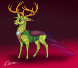 Size: 1537x1341 | Tagged: safe, artist:eperyton, thorax, changedling, changeling, deer, g4, to where and back again, antlers, changeling king, deerified, gradient background, king thorax, male, red background, signature, simple background, smiling, solo, species swap