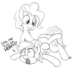 Size: 2426x2343 | Tagged: safe, artist:pabbley, pinkie pie, rainbow dash, earth pony, pegasus, pony, g4, black and white, dialogue, duo, duo female, female, grayscale, heavy, high res, mare, monochrome, open mouth, pinkie pie riding rainbow dash, ponies riding ponies, riding