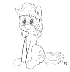 Size: 1578x1629 | Tagged: safe, artist:pabbley, applejack, earth pony, pony, g4, where the apple lies, black and white, chest fluff, cute, ear fluff, female, grayscale, jackabetes, mare, monochrome, simple background, sitting, solo, teenage applejack, teenager, white background