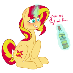 Size: 1689x1693 | Tagged: safe, artist:caballerial, sunset shimmer, pony, unicorn, g4, alcohol, bacardi, bacardi 151, blushing, commission, dialogue, drunk, drunker shimmer, female, open mouth, rum, simple background, sitting, solo, transparent background