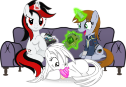 Size: 4350x3018 | Tagged: safe, artist:vector-brony, oc, oc only, oc:blackjack, oc:boo, oc:littlepip, earth pony, pony, unicorn, fallout equestria, fallout equestria: project horizons, clothes, controller, cupcake, fanfic, fanfic art, female, food, glowing horn, horn, jumpsuit, levitation, magic, mare, nom, pipbuck, simple background, telekinesis, transparent background, vault suit
