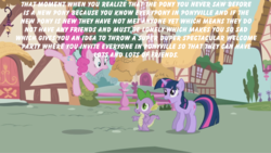 Size: 1000x563 | Tagged: safe, edit, edited screencap, screencap, pinkie pie, spike, twilight sparkle, friendship is magic, g4, image macro, meme, pinkie pie and twilight sparkle first meeting, ponyville, text
