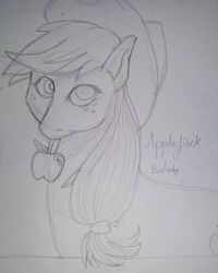 Size: 640x800 | Tagged: safe, artist:beatsubi, applejack, earth pony, pony, g4, apple, black and white, cute, drawing, female, food, grayscale, looking at you, monochrome, scratches, scratching, solo, traditional art