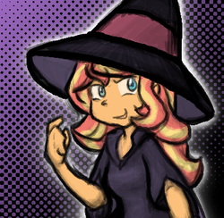 Size: 397x388 | Tagged: safe, artist:zutcha, sunset shimmer, equestria girls, g4, clothes, cosplay, costume, female, hat, pointing, solo, witch, witch hat