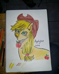 Size: 640x800 | Tagged: safe, artist:beatsubi, applejack, g4, apple, coloring, draw, drawing, female, food, looking at you, pencil drawing, scratches, scratching, solo, traditional art