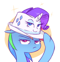 Size: 405x415 | Tagged: safe, artist:raridashdoodles, rainbow dash, rarity, object pony, original species, pony, g4, bedroom eyes, fedorarity, female, floppy ears, frown, glare, hat, hat pony, horn, inanimate tf, lesbian, looking at you, m'lady, ponified, rainbow dash always dresses in style, rarihat, ship:raridash, shipping, smiling, smug, sparkles, transformation, trilby, unamused, wat