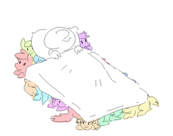 Size: 769x605 | Tagged: safe, artist:nobody, oc, oc only, oc:anon, human, bed, blanket, female, filly, pillow, simple background, sketch, smiling, wat, white background