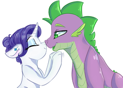 Size: 3700x2652 | Tagged: dead source, safe, artist:shiny-cooler, rarity, spike, g4, boop, eyes closed, floppy ears, high res, male, nose wrinkle, noseboop, older, older spike, ship:sparity, shipping, simple background, smiling, straight, white background