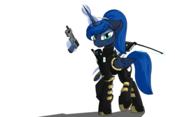 Size: 3000x2000 | Tagged: safe, artist:vinaramic, princess luna, alicorn, pony, g4, armor, blaster, crossover, dead space, ear fluff, energy weapon, female, frown, glowing horn, gun, handgun, high res, hooves, horn, levitation, looking at you, magic, mare, pistol, ponytail, raised eyebrow, raised hoof, raised leg, shadow, simple background, solo, spacesuit, stitches, telekinesis, transparent background, walking, weapon, wings