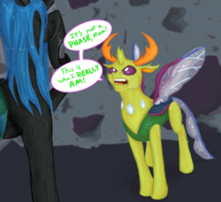 Size: 957x872 | Tagged: safe, artist:testostepone, queen chrysalis, thorax, changedling, changeling, g4, to where and back again, dialogue, duo, duo male and female, eyes closed, facehoof, featured image, female, humor, it's a phase, it's not a phase, king thorax, male, mommy chrissy, mother and child, mother and son, open mouth, queen chrysalis is not amused, speech bubble, thorax is not amused, unamused