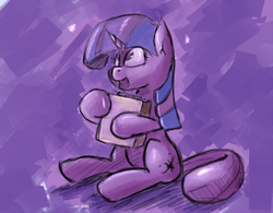 Size: 816x638 | Tagged: safe, artist:post-it, twilight sparkle, pony, unicorn, g4, adorkable, book, bookhorse, colored sketch, cross-eyed, cute, dork, female, happy, hug, looking up, mare, open mouth, sitting, sketch, smiling, solo, twiabetes, unicorn twilight, watercolor painting