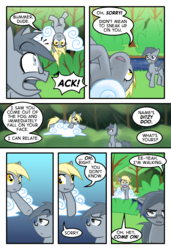 Size: 1950x2850 | Tagged: safe, artist:kazziepones, artist:ketirz, derpy hooves, oc, oc:lonely hooves, pegasus, pony, comic:lonely hooves, g4, :t, cloud, comic, eye contact, female, forest, frown, glare, glasses, lidded eyes, looking at each other, looking back, male, mare, open mouth, pointing, prone, raised eyebrow, river, scrunchy face, speech bubble, stallion, surprised, unamused, upside down, walking, wide eyes