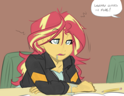 Size: 1000x780 | Tagged: safe, artist:reiduran, color edit, edit, sunset shimmer, equestria girls, g4, colored, colored sketch, drool, female, implied cheerilee, offscreen character, sketch, solo, waking up