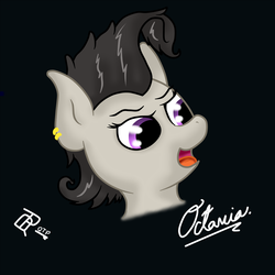 Size: 2000x2000 | Tagged: safe, artist:quicktimepony, derpibooru exclusive, octavia melody, g4, alternate hairstyle, black background, bust, female, high res, mirror universe, open mouth, piercing, portrait, rocktavia, simple background, smiling, solo