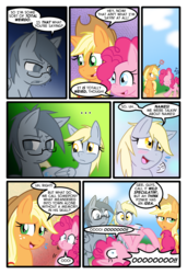 Size: 1024x1497 | Tagged: safe, artist:kazziepones, artist:ketirz, applejack, derpy hooves, pinkie pie, oc, oc:lonely hooves, pegasus, pony, comic:lonely hooves, g4, comic, female, glasses, mare