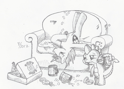 Size: 1650x1188 | Tagged: safe, artist:arctic-lux, shining armor, spike, g4, cider, couch, donut, food, monochrome