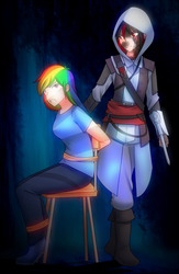 Size: 651x1000 | Tagged: safe, artist:jonfawkes, rainbow dash, human, g4, assassin's creed, bondage, chair, duo, duo female, female, gritted teeth, hood, humanized, knife, rainbond dash, sitting, smirk, tied up, weapon
