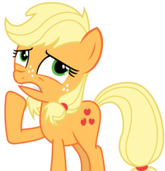 Size: 3003x3106 | Tagged: safe, artist:sketchmcreations, applejack, g4, where the apple lies, female, frown, high res, raised hoof, simple background, solo, teenage applejack, transparent background, vector, worried