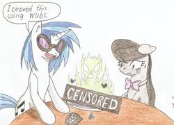 Size: 2272x1632 | Tagged: safe, artist:stardustchild01, dj pon-3, octavia melody, vinyl scratch, fly, g4, censored, traditional art