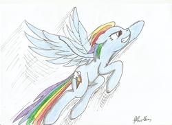 Size: 2338x1700 | Tagged: safe, artist:stardustchild01, rainbow dash, g4, female, flying, solo, traditional art