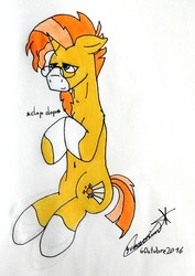 Size: 1222x1723 | Tagged: safe, artist:summerium, sunburst, pony, unicorn, g4, belly button, cute, male, solo, traditional art