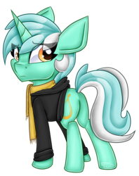 Size: 3174x4000 | Tagged: safe, artist:partylikeanartist, lyra heartstrings, pony, unicorn, fanfic:background pony, absurd resolution, clothes, cute, dig the swell hoodie, fanfic, fanfic art, female, hoodie, jacket, looking back, lyrabetes, rear view, sad, scarf, simple background, solo, transparent background, turning, wingding eyes