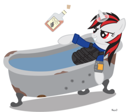 Size: 2475x2173 | Tagged: safe, artist:necr0manc3r, oc, oc only, oc:blackjack, pony, unicorn, fallout equestria, fallout equestria: project horizons, alcohol, armor, bath, bathtub, claw foot bathtub, clothes, fanfic, fanfic art, female, glowing horn, grin, hooves, horn, jumpsuit, levitation, magic, mare, pipbuck, queen whiskey, security armor, simple background, smiling, solo, telekinesis, transparent background, vault security armor, vault suit, whiskey, wild pegasus