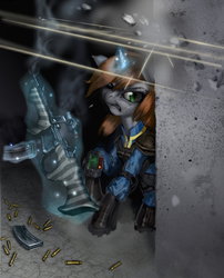 Size: 3140x3888 | Tagged: safe, artist:vombavr, oc, oc only, oc:littlepip, pony, unicorn, fallout equestria, clothes, fanfic, fanfic art, female, fight, glowing horn, gun, hooves, horn, jumpsuit, levitation, magic, mare, optical sight, pipboy, pipbuck, rifle, solo, telekinesis, vault suit, weapon, zebra rifle