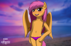 Size: 3400x2200 | Tagged: safe, artist:mcflurrylazermuffin, scootaloo, semi-anthro, g4, arm hooves, barbie doll anatomy, belly button, clothes, delicious flat chest, high res, legs together, panties, solo, swimsuit, topless, underwear