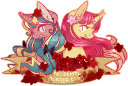 Size: 1024x688 | Tagged: safe, artist:skelemik, oc, oc only, oc:ruby (skelemik), oc:seren, oc:seren song, pony, unicorn, banner, blood, ear fluff, ear piercing, earring, freckles, jewelry, piercing, simple background, transparent background