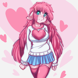 Size: 1024x1024 | Tagged: safe, artist:tolsticot, oc, oc only, oc:fluffle puff, anthro, breasts, busty fluffle puff, clothes, colored sketch, cute, female, floppy ears, flufflebetes, heart, ocbetes, pleated skirt, skirt, socks, solo, sweater, thigh highs, zettai ryouiki