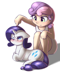 Size: 1500x1800 | Tagged: dead source, safe, artist:captainpudgemuffin, rarity, sweetie belle, human, pony, unicorn, g4, behaving like a cat, blushing, captainpudgemuffin is trying to murder us, clothes, cute, diasweetes, dress, duo, female, floppy ears, fluffy, frown, glare, humanized, on side, one eye closed, pony pet, prone, raribetes, raricat, shadow, simple background, sitting, smiling, squatting, string, unamused, white background, wink