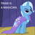 Size: 612x612 | Tagged: safe, edit, edited screencap, screencap, trixie, pony, unicorn, boast busters, g4, my little pony: friendship is magic, captain obvious, curtains, female, lidded eyes, mare, missing accessory, smiling, solo, stage, text, wooden floor, you don't say