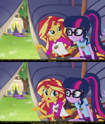 Size: 1280x1508 | Tagged: safe, edit, edited screencap, screencap, sci-twi, sunset shimmer, twilight sparkle, equestria girls, g4, my little pony equestria girls: legend of everfree, spoiler:comicholiday2014, anon-a-miss, camp everfree logo, camp everfree outfits, duo, psyga's alternate pony scenes, salty, screencap comic