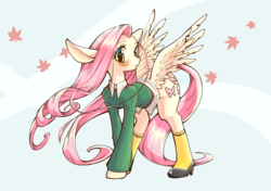 Size: 2894x2039 | Tagged: safe, artist:unousaya, fluttershy, g4, autumn, blushing, clothes, female, high heels, high res, socks, solo