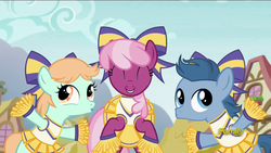 Size: 1280x720 | Tagged: safe, edit, edited edit, edited screencap, screencap, cheerilee, peach fuzz, perky prep, pony, g4, the cart before the ponies, bipedal, bow, cheerileeder, cheerleader, clothes, colt, crossdressing, female, filly, hair bow, male cheerleader, mare, pleated skirt, pom pom, skirt