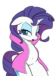 Size: 952x1280 | Tagged: safe, artist:hidden-cat, rarity, pony, unicorn, semi-anthro, g4, arm behind head, belly button, clothes, eyeshadow, female, lidded eyes, makeup, mare, morning ponies, open clothes, open mouth, robe, simple background, solo, white background