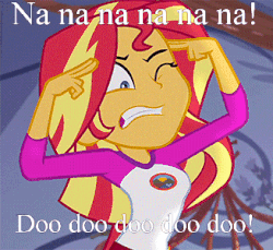 Size: 327x300 | Tagged: safe, edit, edited screencap, screencap, sunset shimmer, equestria girls, g4, my little pony equestria girls: legend of everfree, animated, clothes, female, gif, image macro, meme, one eye closed, pstandard psychic pstance, psychic shimmer, solo, south park, tent, text