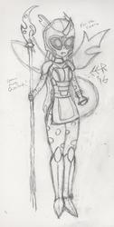 Size: 1763x3485 | Tagged: safe, artist:e-e-r, changeling, equestria girls, g4, armor, equestria girls-ified, female, glaive, helmet, humanized, monochrome, shield, solo, traditional art, weapon, wip