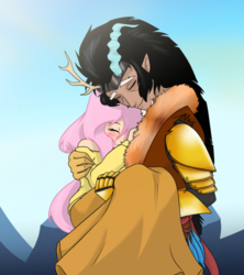 Size: 622x699 | Tagged: safe, artist:gamblingfoxinahat, discord, fluttershy, human, g4, to where and back again, blushing, bridal carry, cute, hug, humanized, male, ship:discoshy, shipping, straight